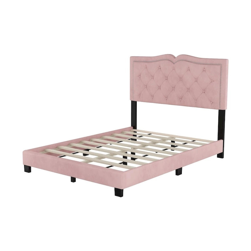 Queen/Full Size Upholstered Bed Frame with Rivet Design, Modern Velvet Platform Bed with Tufted Headboard