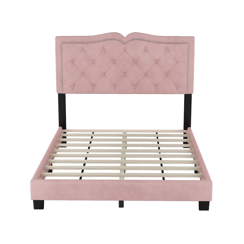 Queen/Full Size Upholstered Bed Frame with Rivet Design, Modern Velvet Platform Bed with Tufted Headboard