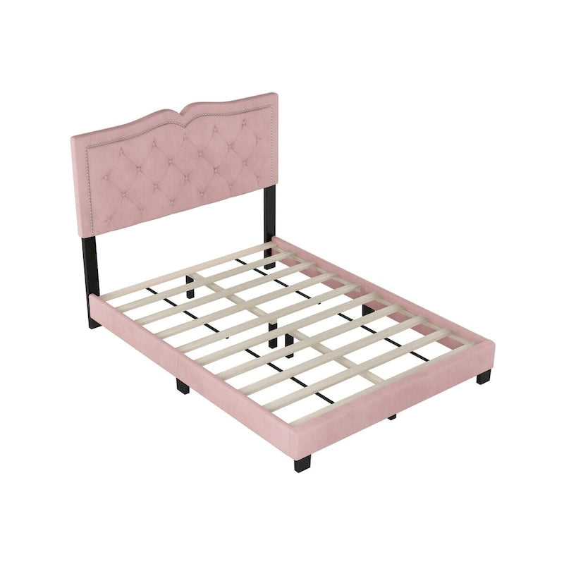 Queen/Full Size Upholstered Bed Frame with Rivet Design, Modern Velvet Platform Bed with Tufted Headboard