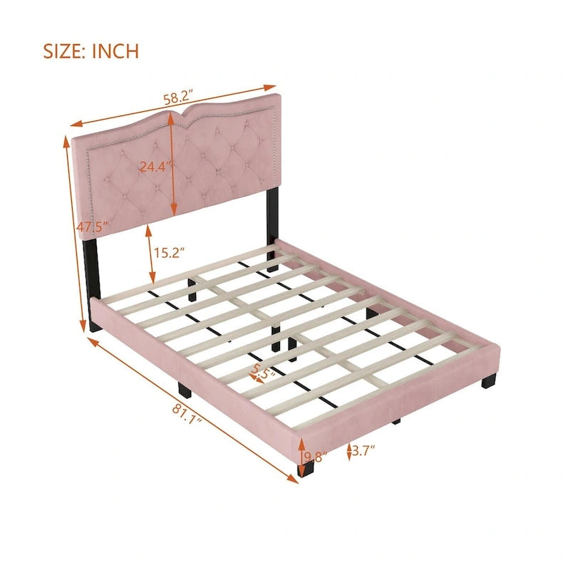 Queen/Full Size Upholstered Bed Frame with Rivet Design, Modern Velvet Platform Bed with Tufted Headboard