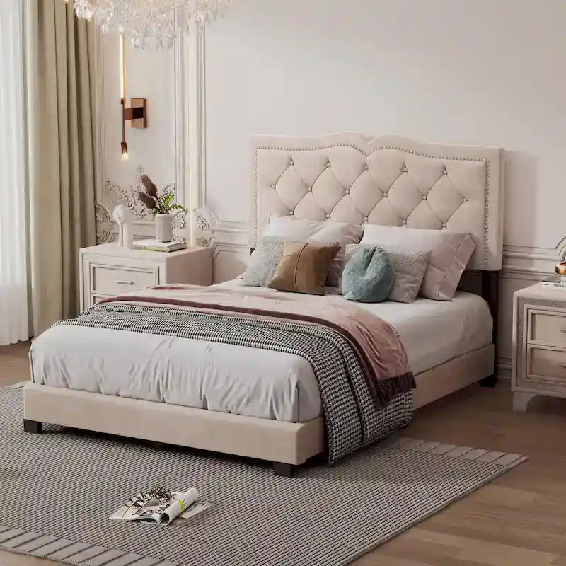 Queen/Full Size Upholstered Bed Frame with Rivet Design, Modern Velvet Platform Bed with Tufted Headboard