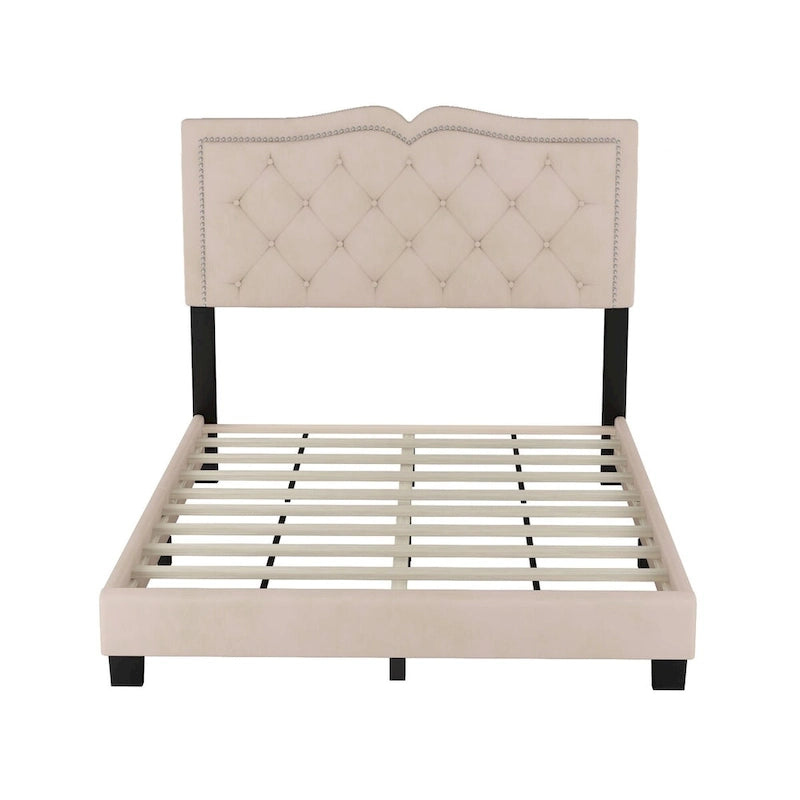Queen/Full Size Upholstered Bed Frame with Rivet Design, Modern Velvet Platform Bed with Tufted Headboard
