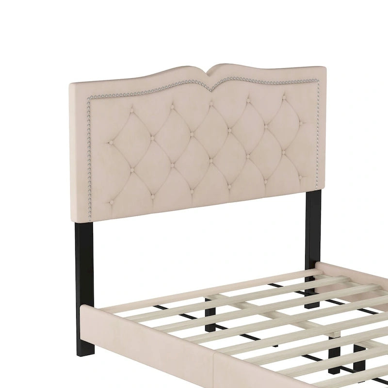 Queen/Full Size Upholstered Bed Frame with Rivet Design, Modern Velvet Platform Bed with Tufted Headboard
