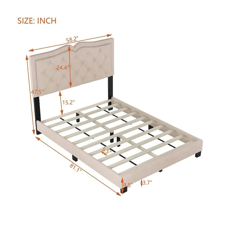 Queen/Full Size Upholstered Bed Frame with Rivet Design, Modern Velvet Platform Bed with Tufted Headboard