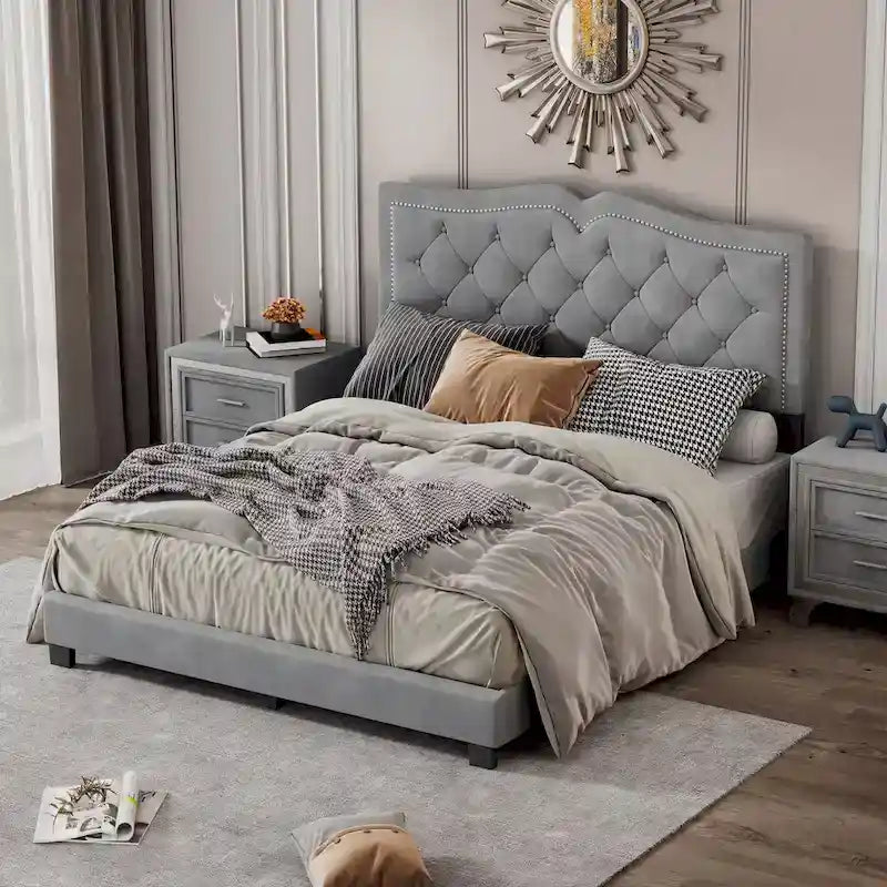 Queen/Full Size Upholstered Bed Frame with Rivet Design, Modern Velvet Platform Bed with Tufted Headboard
