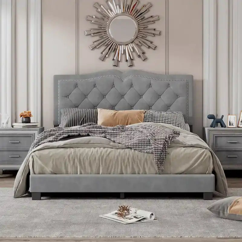 Queen/Full Size Upholstered Bed Frame with Rivet Design, Modern Velvet Platform Bed with Tufted Headboard