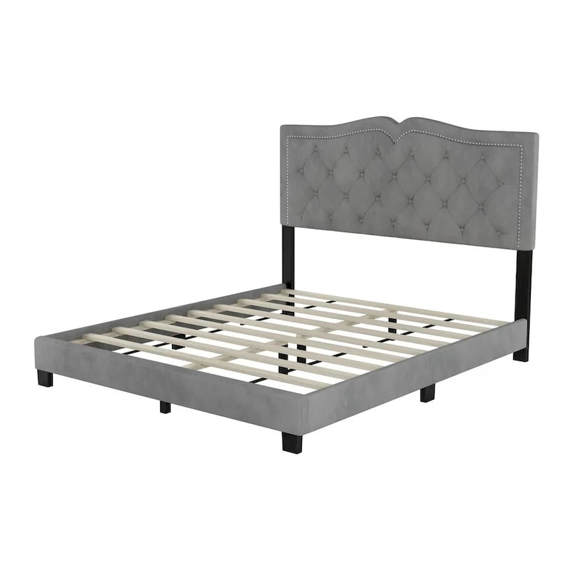 Queen/Full Size Upholstered Bed Frame with Rivet Design, Modern Velvet Platform Bed with Tufted Headboard