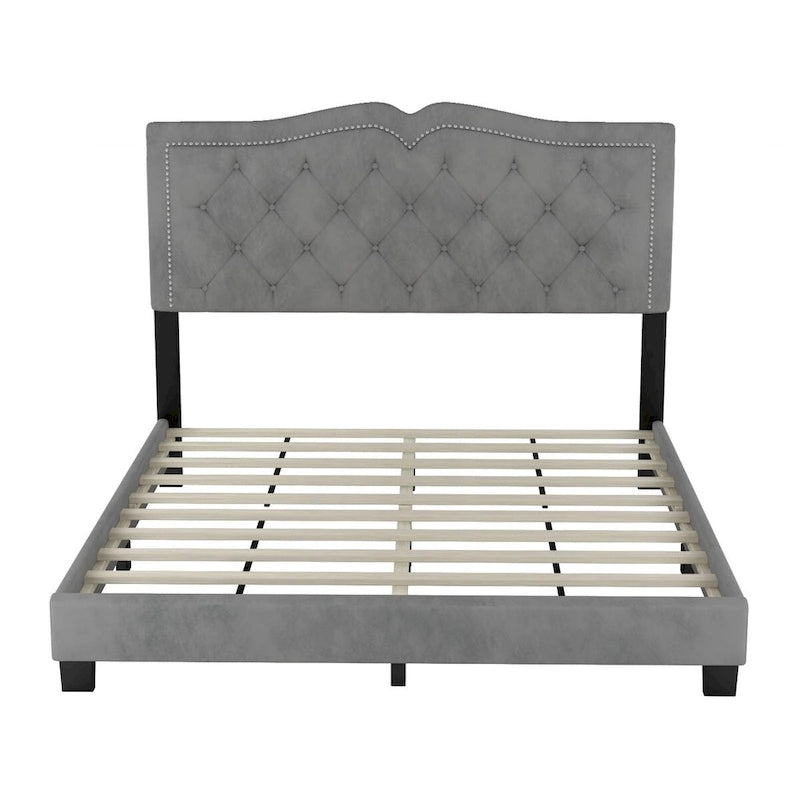 Queen/Full Size Upholstered Bed Frame with Rivet Design, Modern Velvet Platform Bed with Tufted Headboard