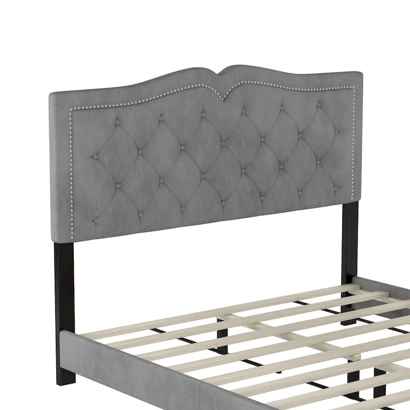 Queen/Full Size Upholstered Bed Frame with Rivet Design, Modern Velvet Platform Bed with Tufted Headboard