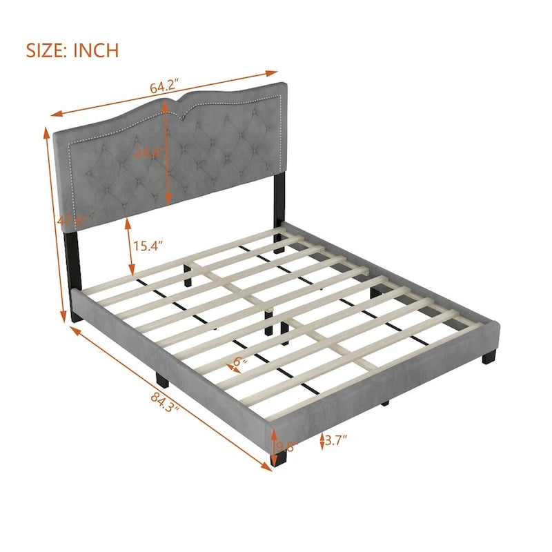 Queen/Full Size Upholstered Bed Frame with Rivet Design, Modern Velvet Platform Bed with Tufted Headboard