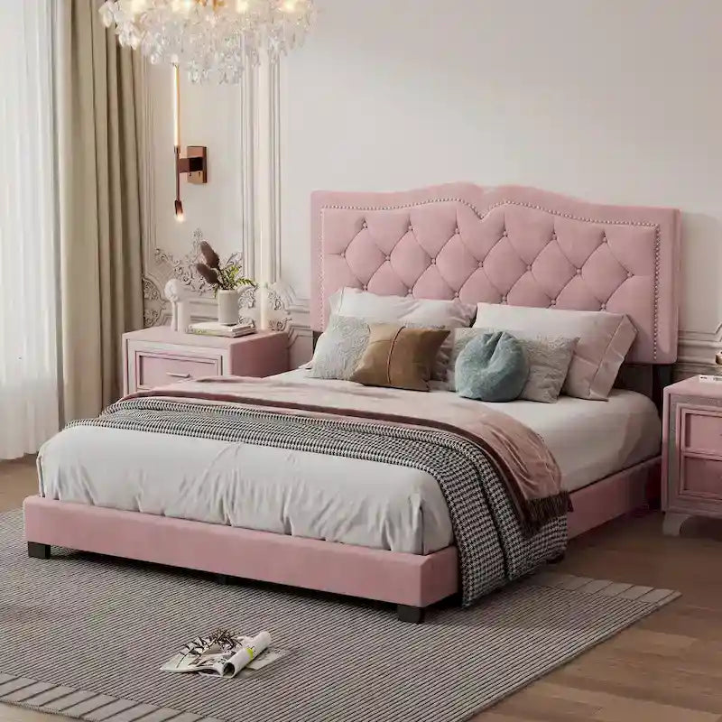 Queen/Full Size Upholstered Bed Frame with Rivet Design, Modern Velvet Platform Bed with Tufted Headboard