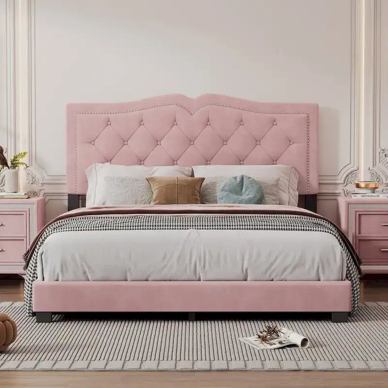 Queen/Full Size Upholstered Bed Frame with Rivet Design, Modern Velvet Platform Bed with Tufted Headboard