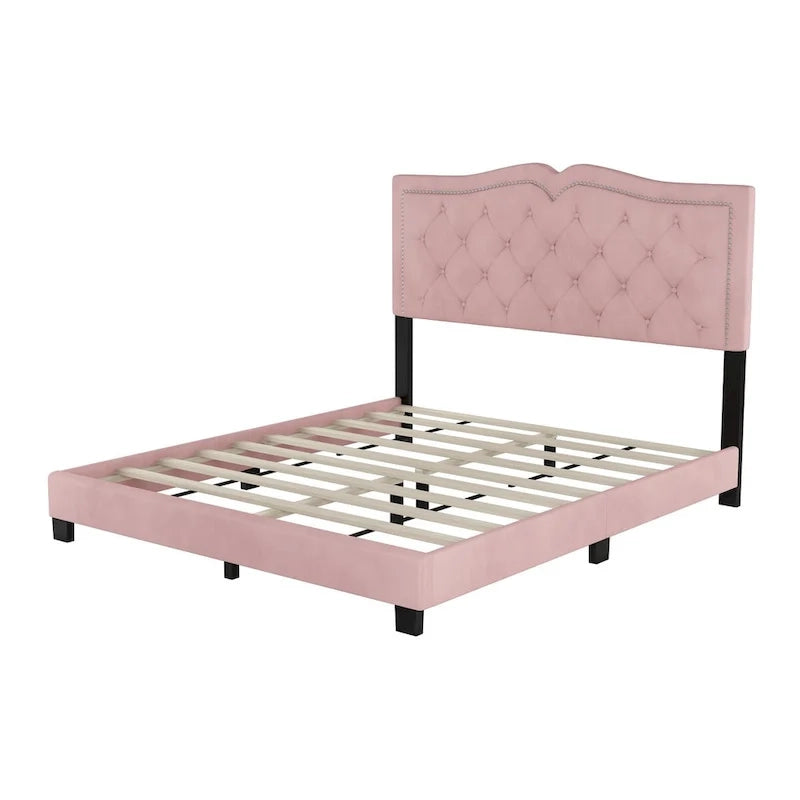 Queen/Full Size Upholstered Bed Frame with Rivet Design, Modern Velvet Platform Bed with Tufted Headboard