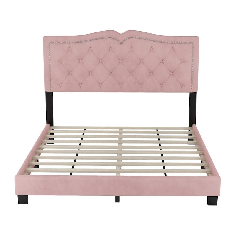 Queen/Full Size Upholstered Bed Frame with Rivet Design, Modern Velvet Platform Bed with Tufted Headboard