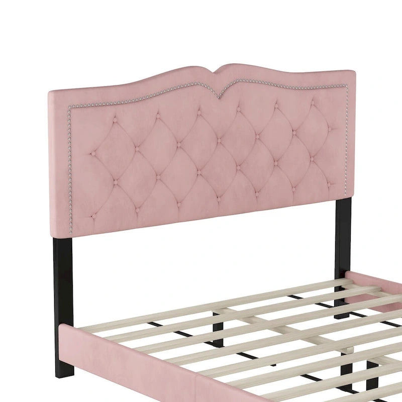 Queen/Full Size Upholstered Bed Frame with Rivet Design, Modern Velvet Platform Bed with Tufted Headboard