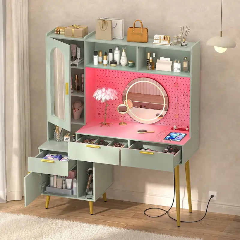 Makeup Vanity with Pegboard and Hutch, Bedroom Vanity Table with Charge Station and LED Light - N/A