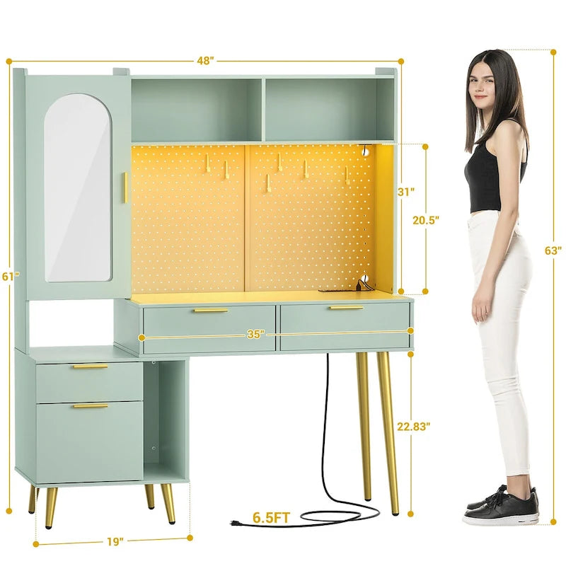 Makeup Vanity with Pegboard and Hutch, Bedroom Vanity Table with Charge Station and LED Light - N/A