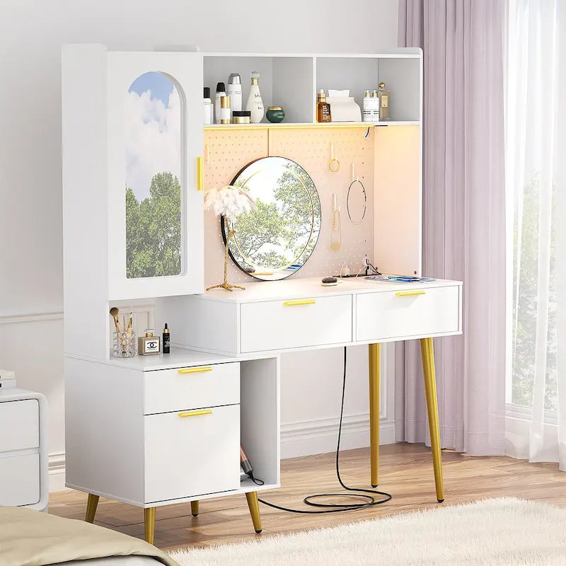 Makeup Vanity with Pegboard and Hutch, Bedroom Vanity Table with Charge Station and LED Light - N/A