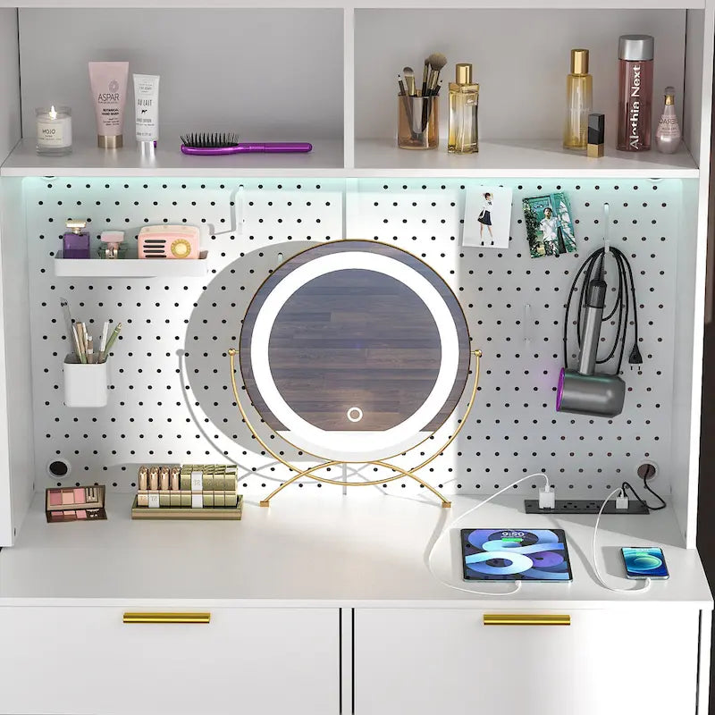 Makeup Vanity with Pegboard and Hutch, Bedroom Vanity Table with Charge Station and LED Light - N/A