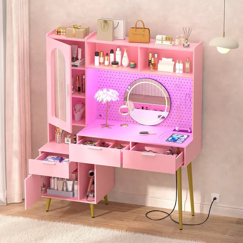 Makeup Vanity with Pegboard and Hutch, Bedroom Vanity Table with Charge Station and LED Light - N/A
