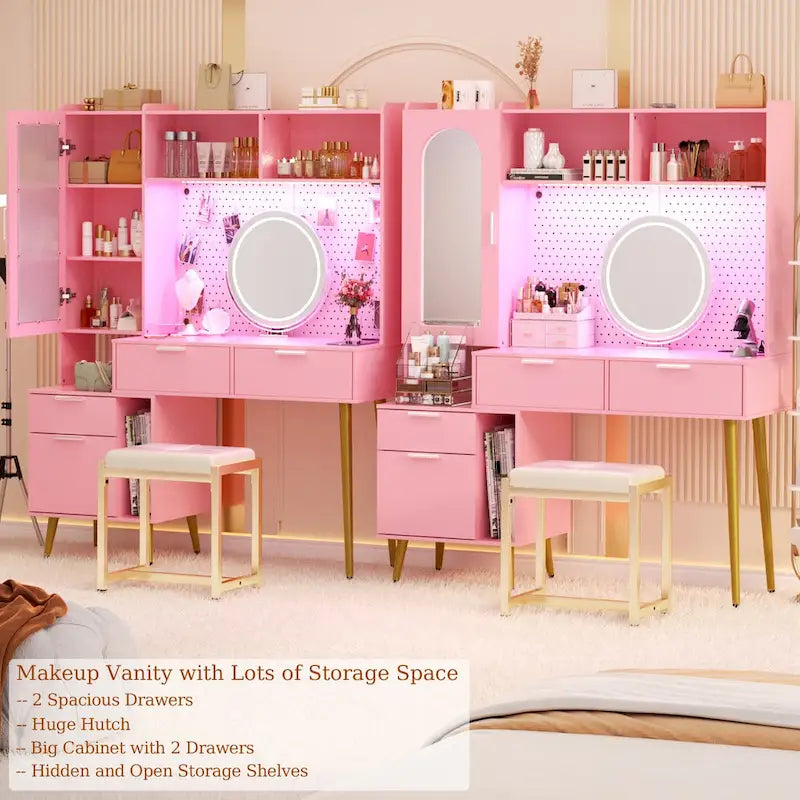 Makeup Vanity with Pegboard and Hutch, Bedroom Vanity Table with Charge Station and LED Light - N/A