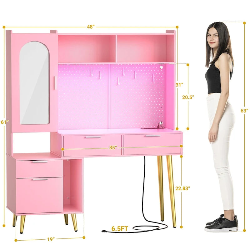 Makeup Vanity with Pegboard and Hutch, Bedroom Vanity Table with Charge Station and LED Light - N/A