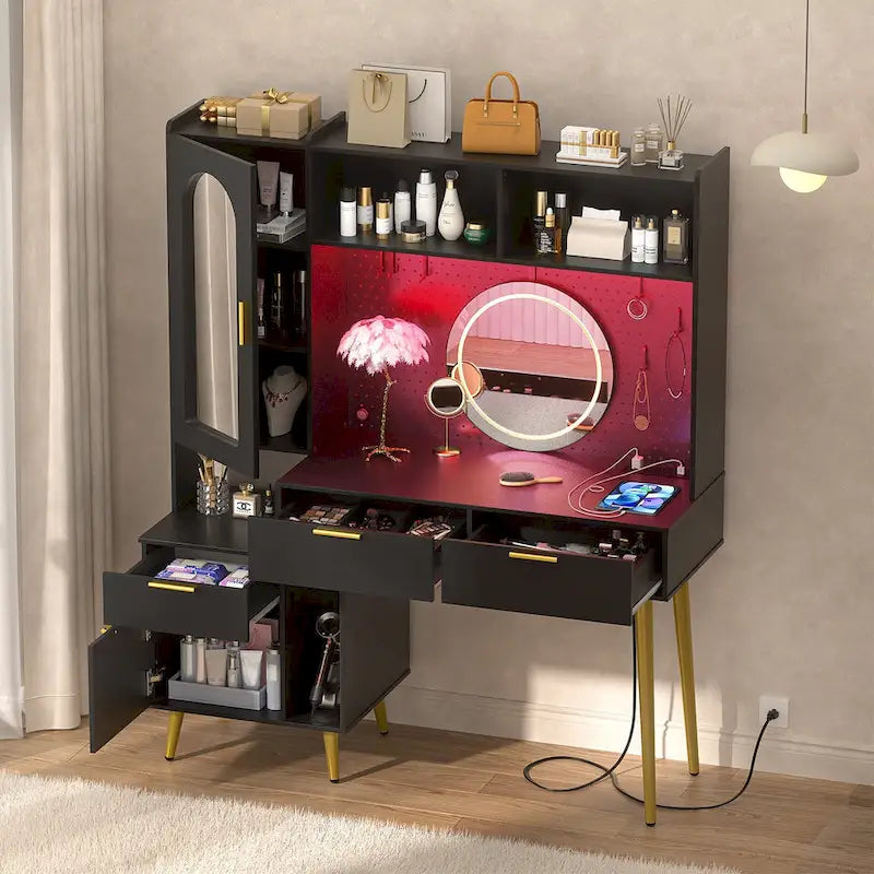 Makeup Vanity with Pegboard and Hutch, Bedroom Vanity Table with Charge Station and LED Light - N/A