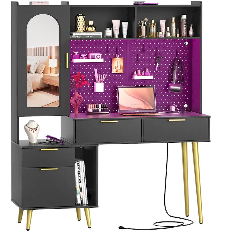 Makeup Vanity with Pegboard and Hutch, Bedroom Vanity Table with Charge Station and LED Light - N/A