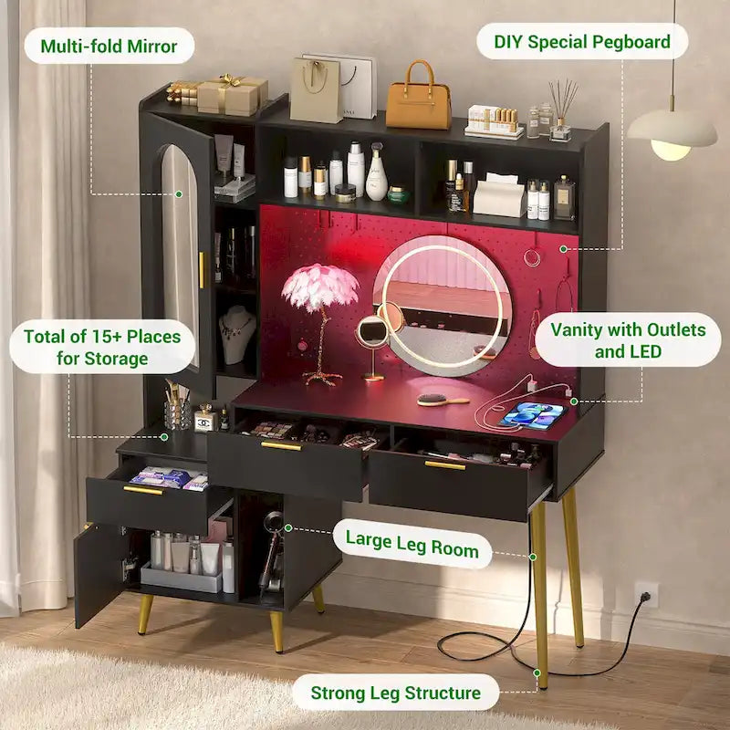 Makeup Vanity with Pegboard and Hutch, Bedroom Vanity Table with Charge Station and LED Light - N/A