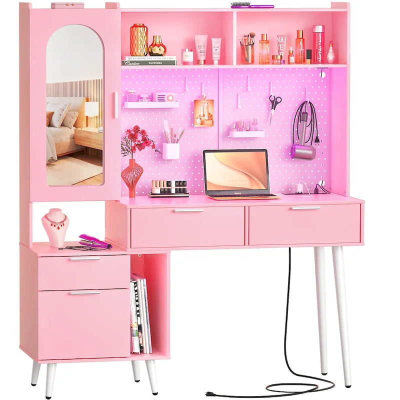 Makeup Vanity with Pegboard and Hutch, Bedroom Vanity Table with Charge Station and LED Light - N/A