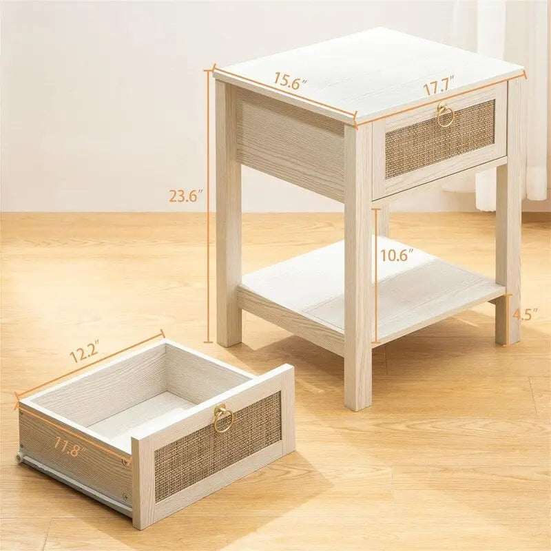 White Nightstand Set of 2 Rattan Decor Drawer