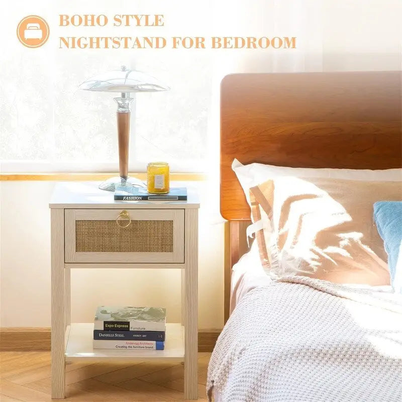 White Nightstand Set of 2 Rattan Decor Drawer