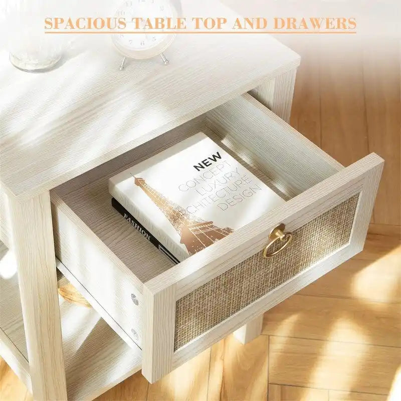 White Nightstand Set of 2 Rattan Decor Drawer