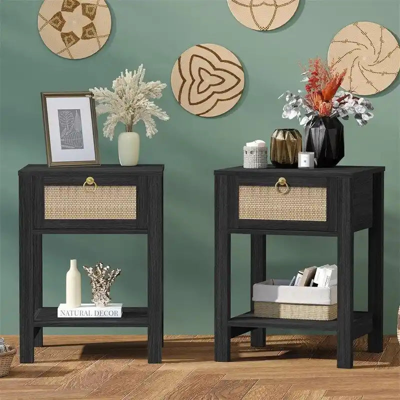 White Nightstand Set of 2 Rattan Decor Drawer