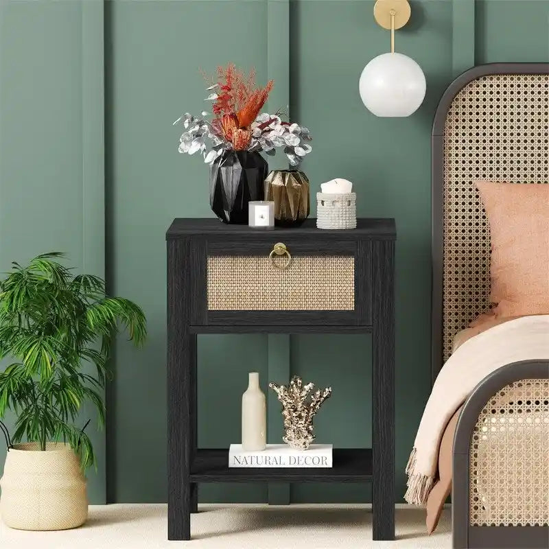 White Nightstand Set of 2 Rattan Decor Drawer