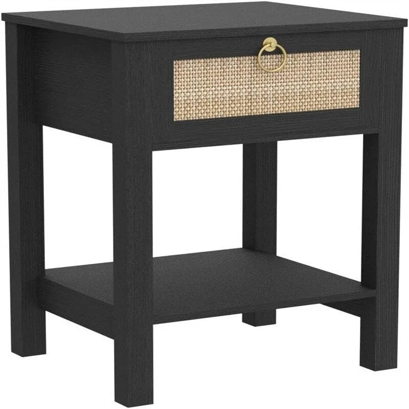 White Nightstand Set of 2 Rattan Decor Drawer