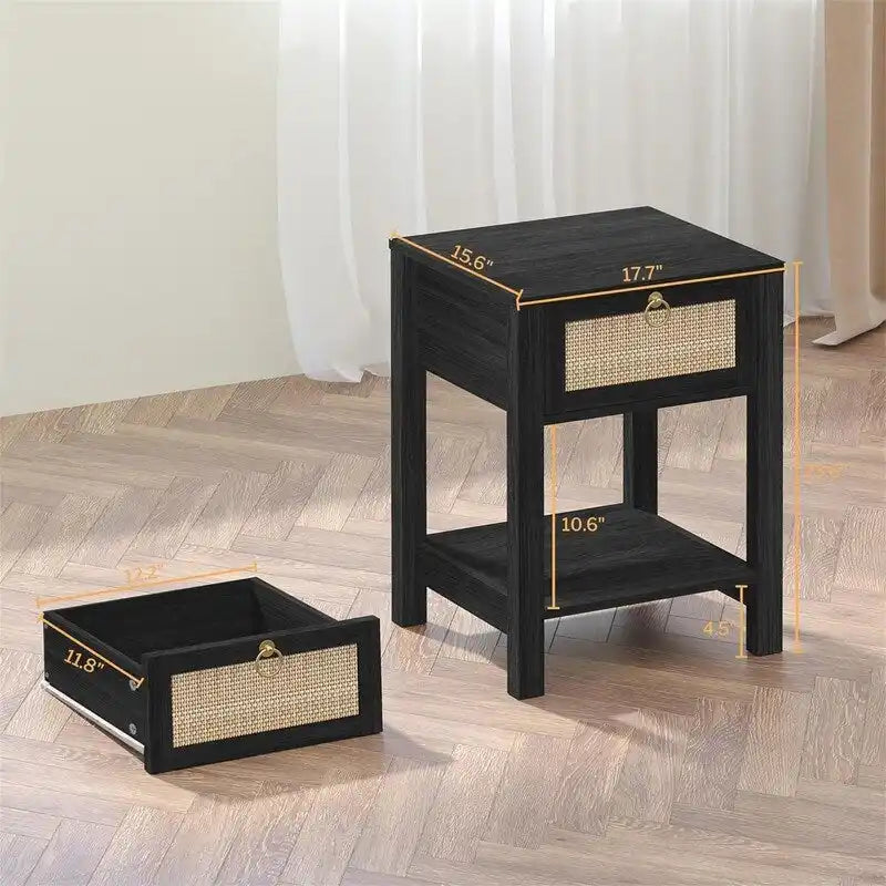 White Nightstand Set of 2 Rattan Decor Drawer