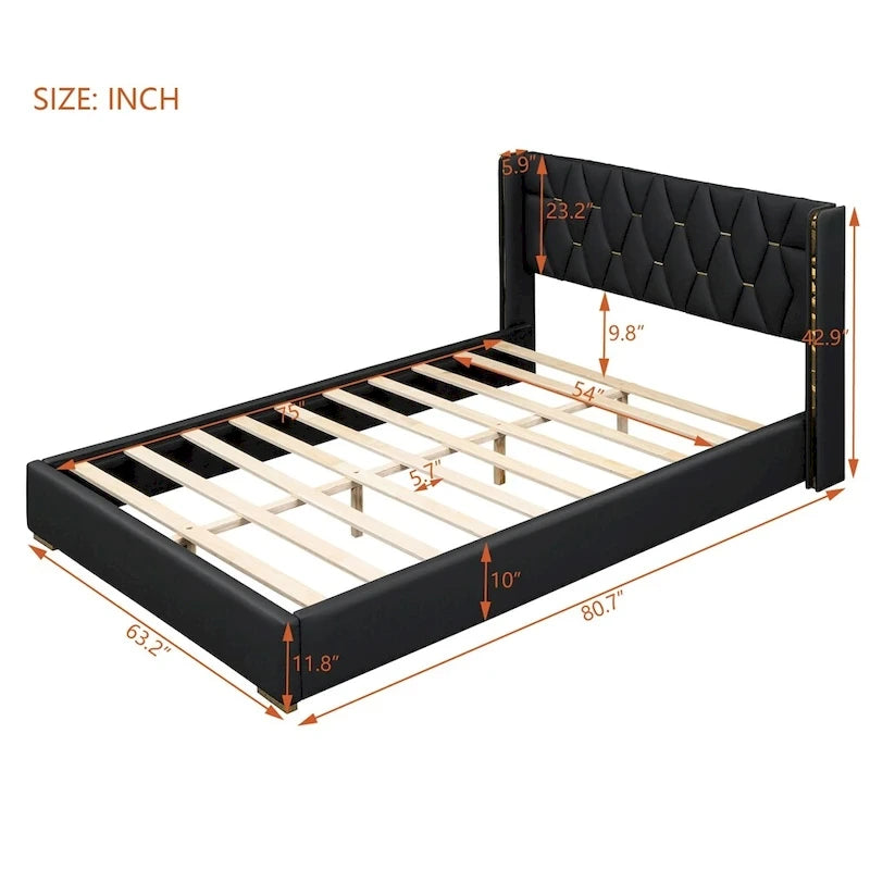 Full Size Leather Upholstered Platform Bed with Wood Frame