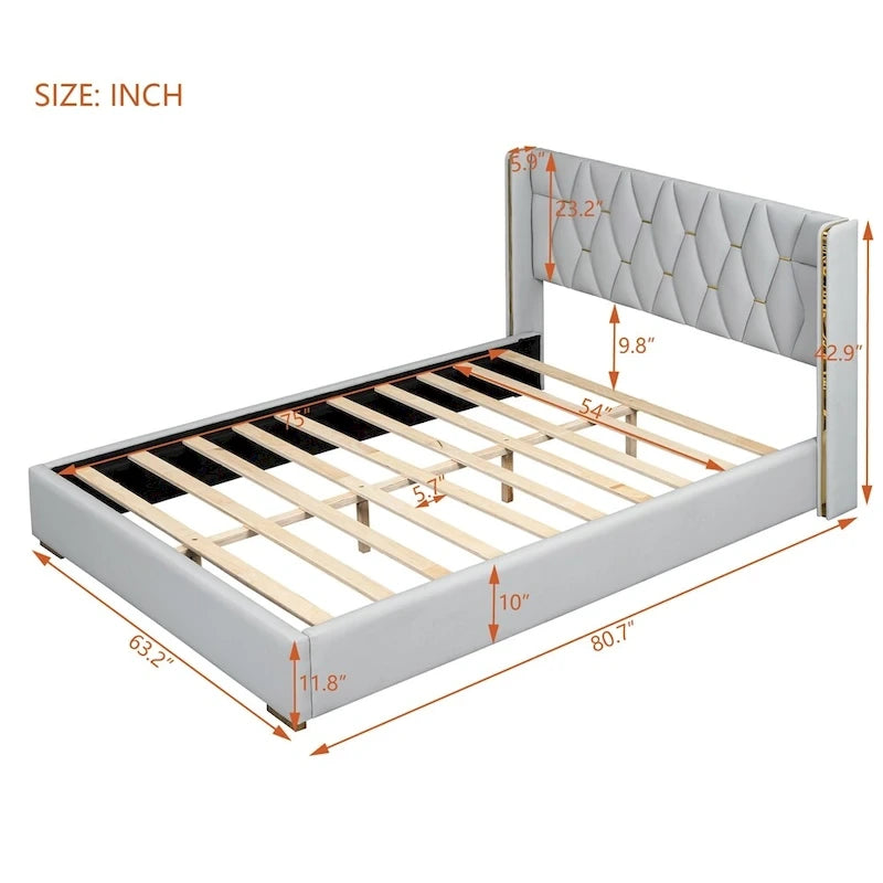 Full Size Leather Upholstered Platform Bed with Wood Frame