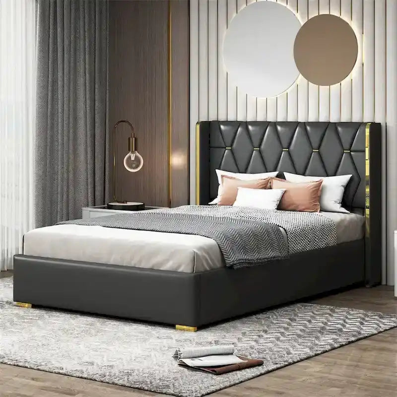 Full Size Leather Upholstered Platform Bed with Wood Frame