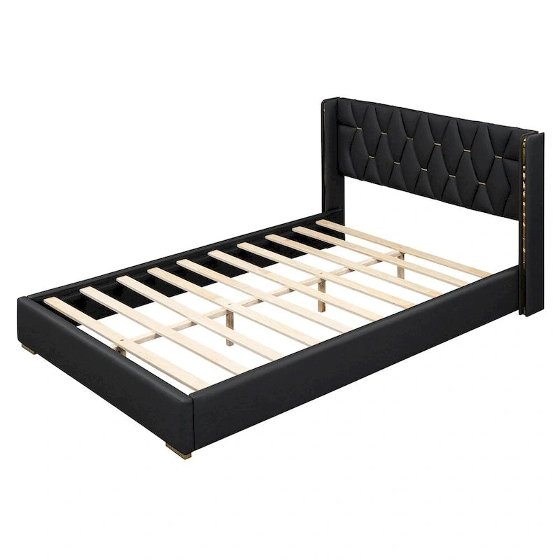 Full Size Leather Upholstered Platform Bed with Wood Frame