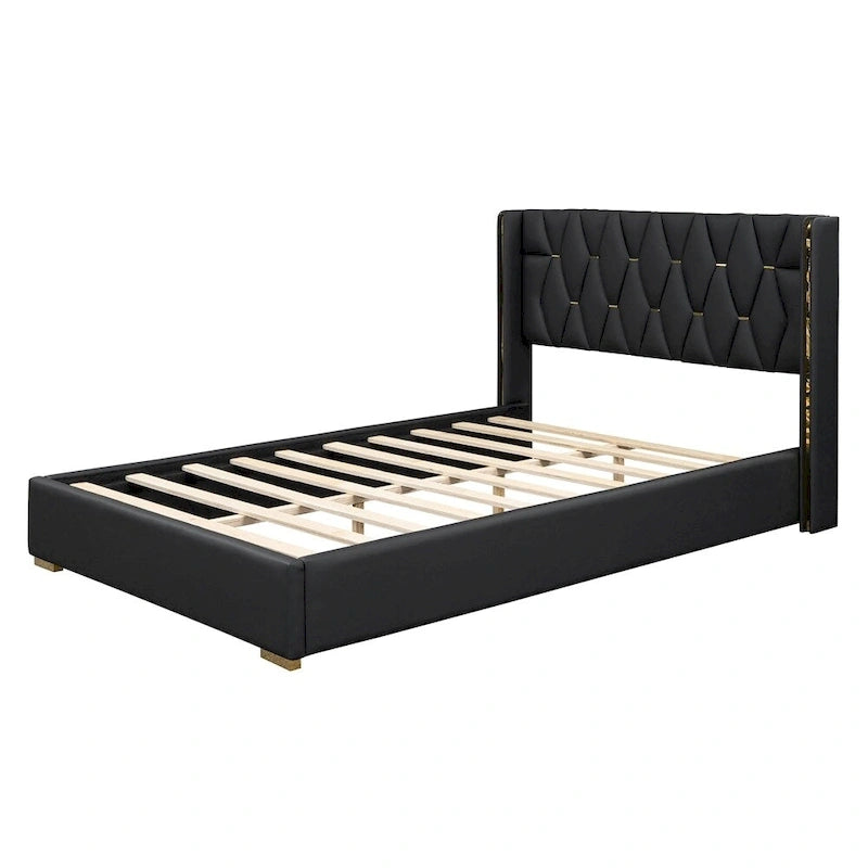 Full Size Leather Upholstered Platform Bed with Wood Frame