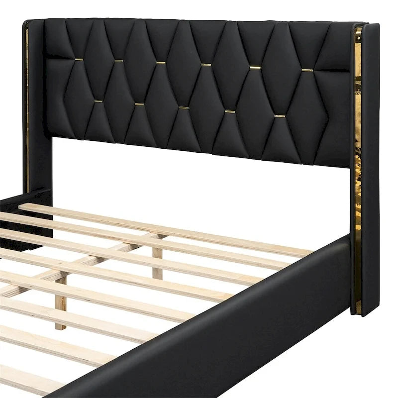 Full Size Leather Upholstered Platform Bed with Wood Frame