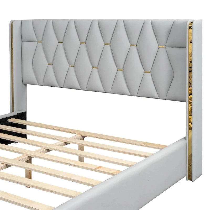 Full Size Leather Upholstered Platform Bed with Wood Frame