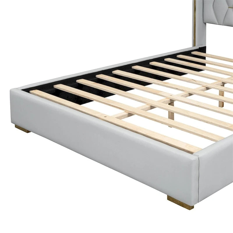 Full Size Leather Upholstered Platform Bed with Wood Frame