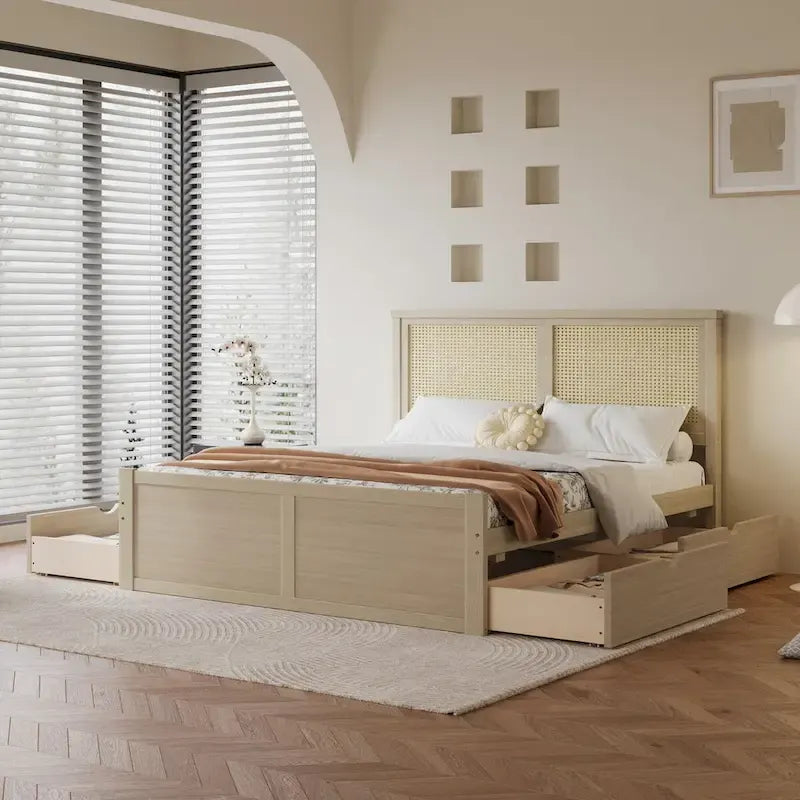 Harper&Bright Designs Rattan Headboard Storage Platform Bed with 4 Drawers