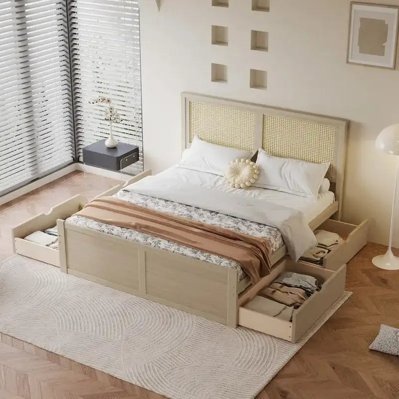 Harper&Bright Designs Rattan Headboard Storage Platform Bed with 4 Drawers