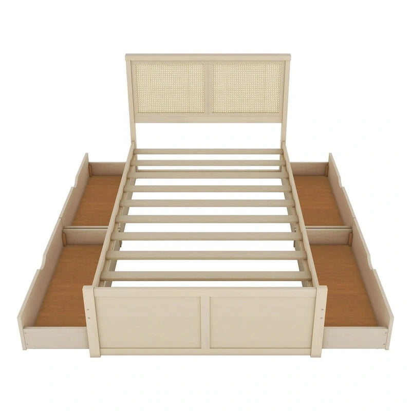 Harper&Bright Designs Rattan Headboard Storage Platform Bed with 4 Drawers