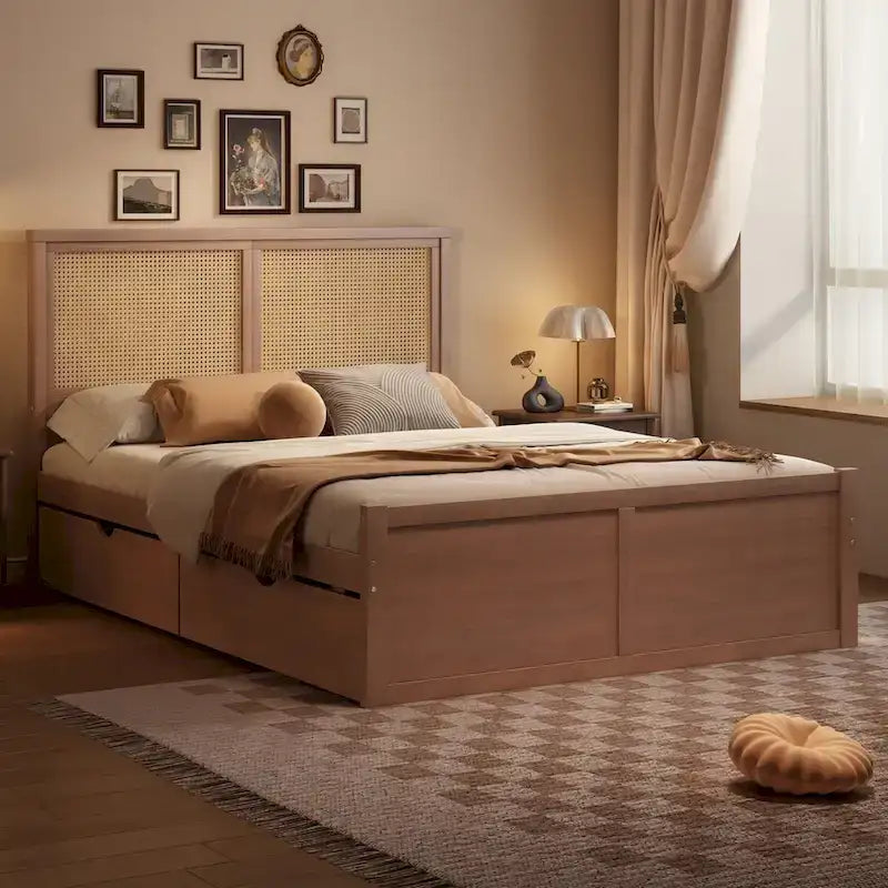 Harper&Bright Designs Rattan Headboard Storage Platform Bed with 4 Drawers