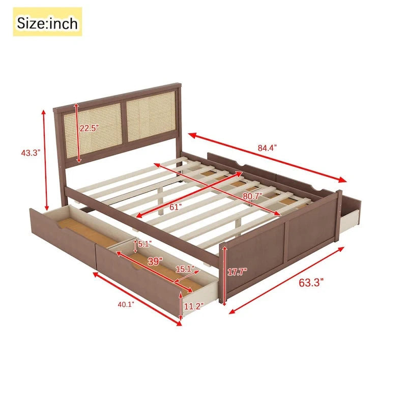 Harper&Bright Designs Rattan Headboard Storage Platform Bed with 4 Drawers